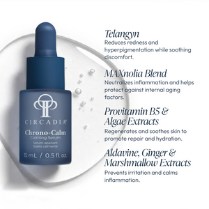 Blue dropper bottle of Chrono-Calm | Circadia calming serum shown with a white background, alongside text highlighting ingredients like Telangyn, MAXnolia Blend, Provitamin B5, Algae Extracts, Aldavine, Ginger, and Marshmallow Extracts that reduce redness, inflammation, and support skin hydration and repair.