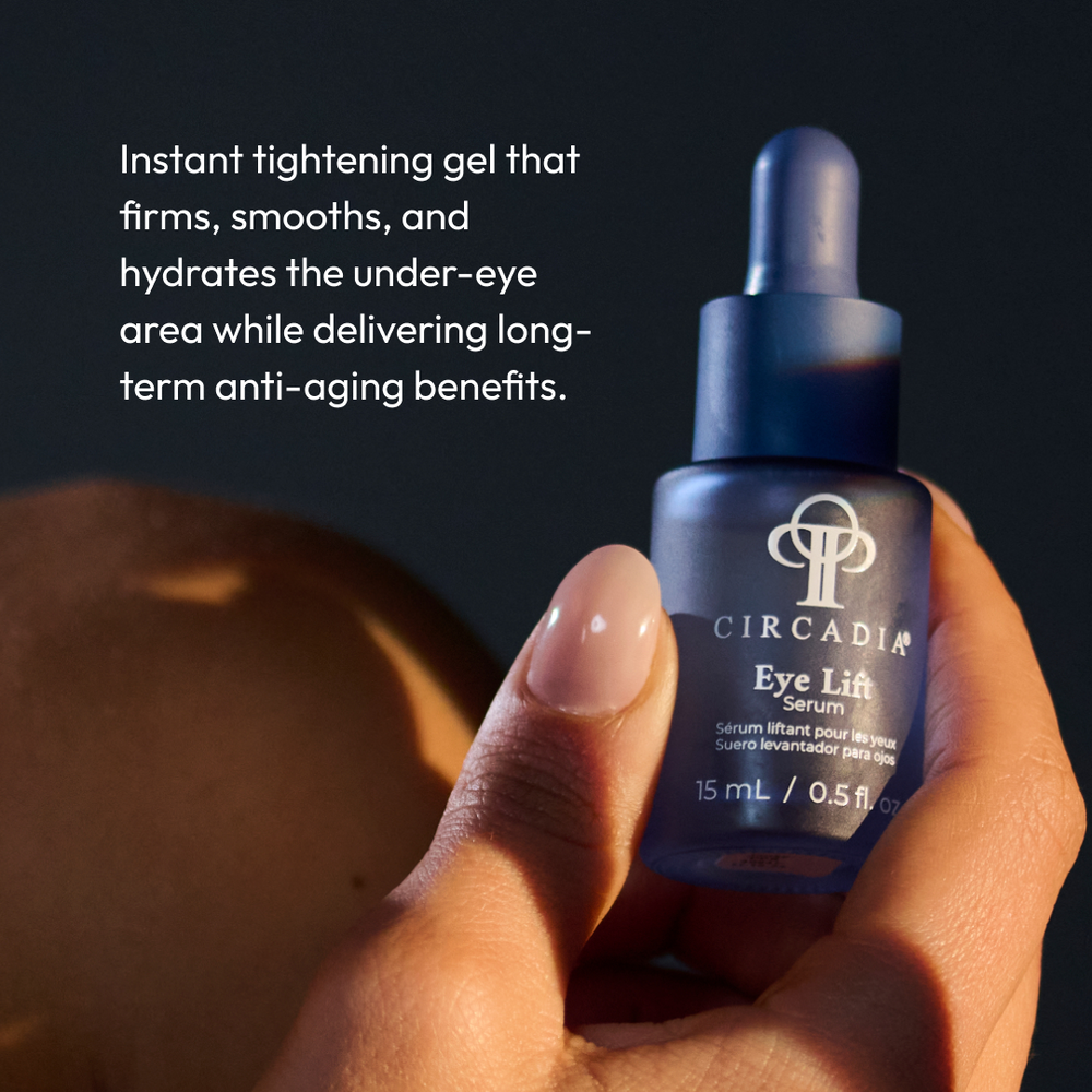 Bottle of Eye Lift Serum (formerly Emergency Eye Lift) | Circadia in dark blue packaging with dropper, designed for skincare and eye area rejuvenation.