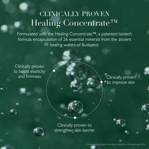 Close-up of water droplets with text explaining the clinically proven Healing Concentrate, highlighting its benefits for elasticity, firmness, skin improvement, and strengthening skin barrier, promoting Cleansing Foam | Omorovicza skincare.