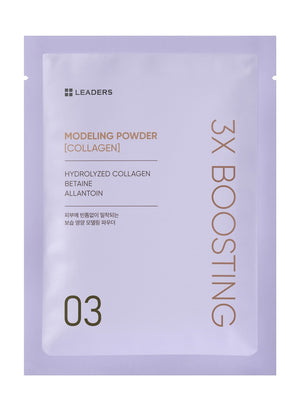 Packet of 3X Boosting Modeling Mask - Collagen | Leaders featuring hydrolyzed collagen, betaine, and allantoin for skincare and moisturizing benefits.