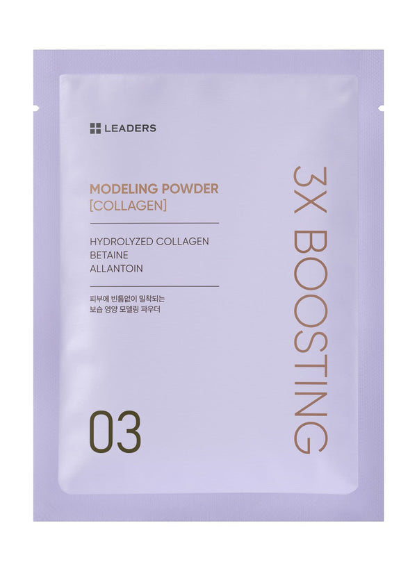 Packet of 3X Boosting Modeling Mask - Collagen | Leaders featuring hydrolyzed collagen, betaine, and allantoin for skincare and moisturizing benefits.