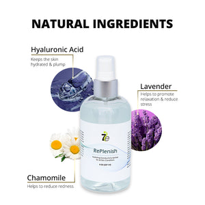 Clear spray bottle of Replenish Hydrating Conducting Spritzer Spray Gel - 8 oz | 7e Wellness with natural ingredient highlights including hyaluronic acid, lavender, and chamomile for hydration, relaxation, and redness reduction.