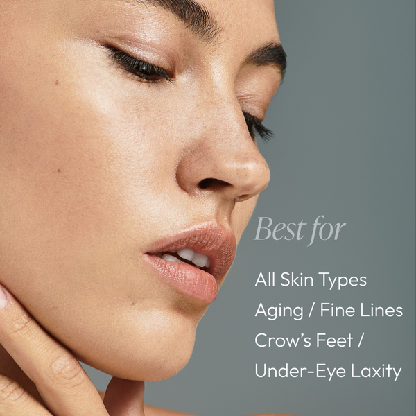 Close-up of a woman with smooth skin gently touching her jawline next to text highlighting that Eye Lift Serum (formerly Emergency Eye Lift) | Circadia is best for all skin types, aging, fine lines, crow’s feet, and under-eye laxity.