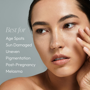Close-up portrait of a woman with clear skin touching her face next to text listing skin concerns: age spots, sun damage, uneven pigmentation, post-pregnancy, and melasma, promoting Licorice & Bearberry Brightening Mist | Circadia for skincare.