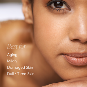 Close-up view of a woman's face with smooth, radiant skin highlighting the benefits of Nighttime Repair Retinol Cream | Circadia for aging, mildly damaged, and dull or tired skin.