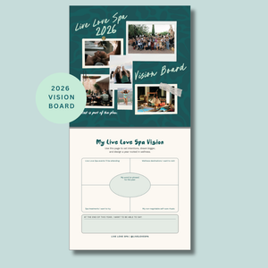 2026 Wellness Wall Calendar | Live Love Spa vision board page featuring inspirational photos and sections for setting wellness goals, spa events, treatments, and self-care intentions.