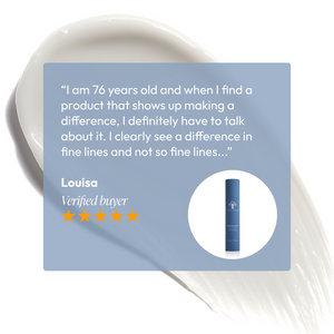 Customer review praising the Nighttime Repair Retinol Cream | Circadia for reducing fine lines, displayed over a creamy texture background with product image and five-star rating.
