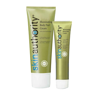 Two green tubes of Illuminating Body Peel Cream | Skin Authority displayed against a white background, highlighting skincare and body care products.