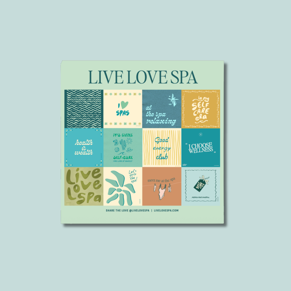 2026 Wellness Wall Calendar | Live Love Spa featuring calming spa-themed illustrations and wellness affirmations in soothing blue, green, and yellow tones.