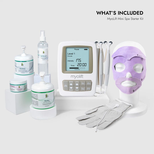 Complete set of skincare products, a digital microcurrent device with handheld probes, a purple facial treatment mask on a mannequin head, and white treatment gloves, part of the Mini Spa Starter Microcurrent Facial Kit | 7e Wellness.