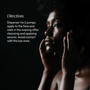Woman gently touching her face with hands beside skincare directions for using Nighttime Repair Retinol Cream | Circadia, emphasizing evening application and eye area caution.