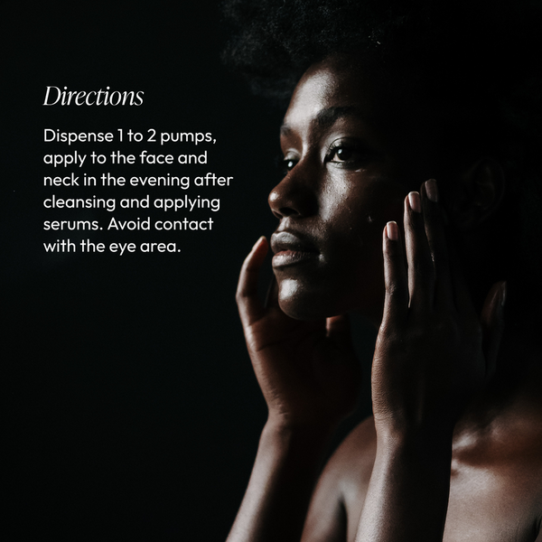 Woman gently touching her face with hands beside skincare directions for using Nighttime Repair Retinol Cream | Circadia, emphasizing evening application and eye area caution.