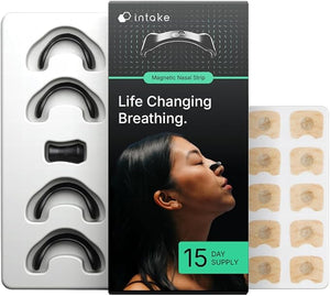 Intake Nasal Strip Starter Kit - 15 Pack | Intake Breathing showing magnetic nasal strips and adhesive pads designed to improve breathing and wellness.