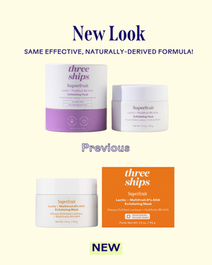 Image showing the new and previous packaging designs for Superfruit Lactic + Multifruit 8% AHA Exfoliating Mask | Three Ships, highlighting the updated look with a naturally-derived formula.