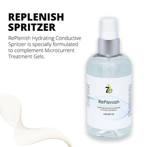 Clear plastic spray bottle of Replenish Hydrating Conducting Spritzer Spray Gel - 8 oz | 7e Wellness designed for skincare and microcurrent treatment gels, with simple white label.