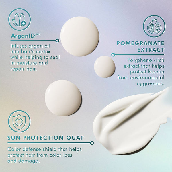 Close-up of creamy white lotion textures with text highlighting ingredients ArganID, Pomegranate Extract, and Sun Protection Quat for hair care in Color Care Shampoo - Travel | Moroccanoil.