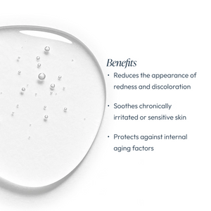 Clear serum droplet with bubbles next to text listing benefits of Chrono-Calm | Circadia, highlighting soothing, redness reduction, and protection against aging for sensitive skin.