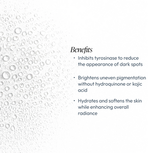 Clear water droplets on a white background next to text listing benefits of Licorice & Bearberry Brightening Mist | Circadia, highlighting skin brightening, hydration, and dark spot reduction.