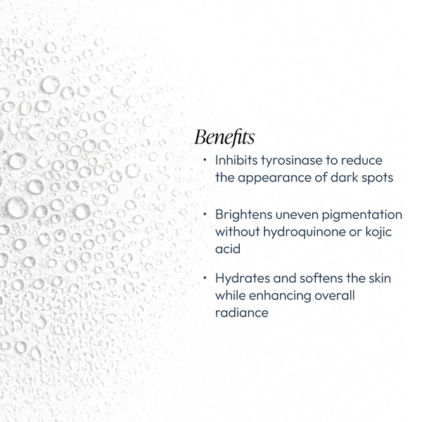 Clear water droplets on a white background next to text listing benefits of Licorice & Bearberry Brightening Mist | Circadia, highlighting skin brightening, hydration, and dark spot reduction.