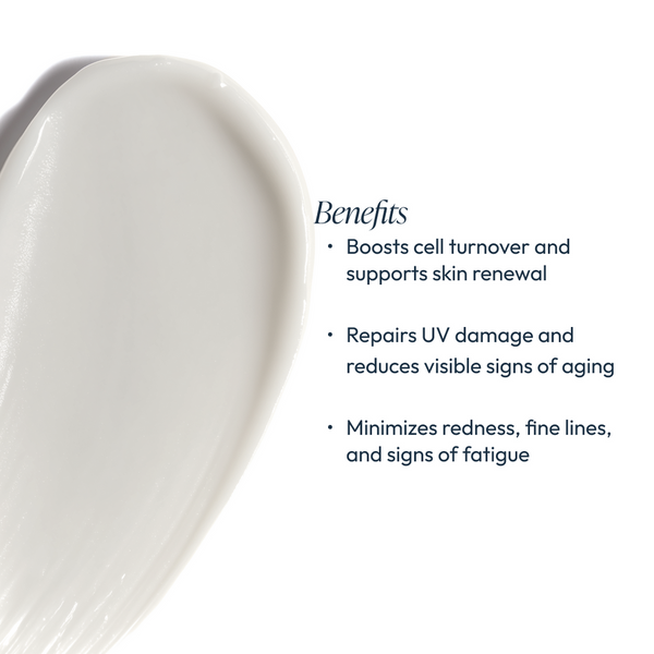 Close-up of smooth white cream texture next to text listing benefits of Nighttime Repair Retinol Cream | Circadia, including boosting cell turnover, repairing UV damage, and minimizing redness and fine lines.