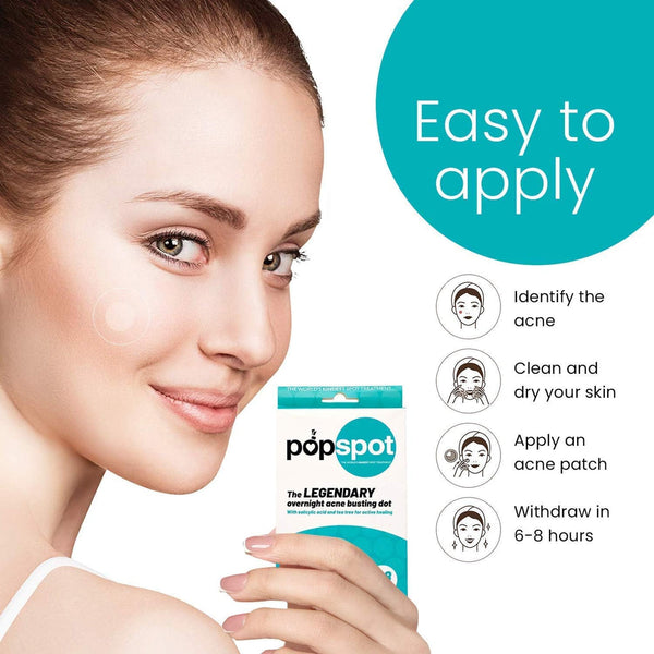 Young woman with clear skin holding Popspot Spot Treatment - Acne & Pimple Remover Dot (48 Pack) | Popmask package, next to easy application instructions for skincare use.