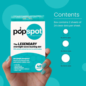 Hand holding Popspot Spot Treatment - Acne & Pimple Remover Dot (48 Pack) | Popmask box against a turquoise background displaying contents and dot sizes for skincare acne treatment.