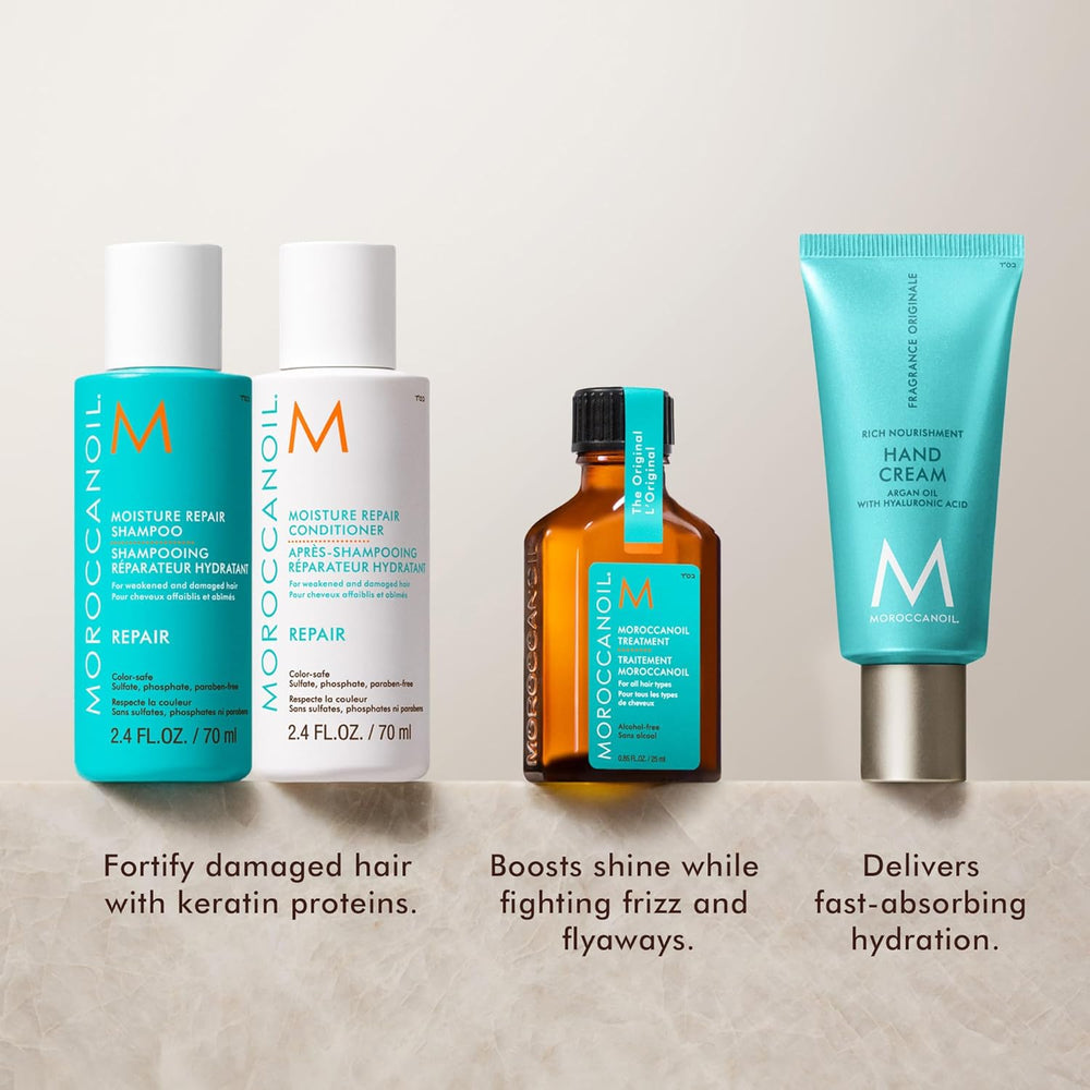 Repair Travel Kit | Moroccanoil featuring a tan textured zippered pouch with travel-size haircare products including shampoo, conditioner, oil treatment, and hand cream.