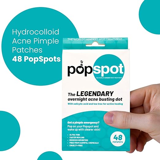Hand holding a package of Popspot Spot Treatment - Acne & Pimple Remover Dot (48 Pack) | Popmask featuring hydrocolloid acne pimple patches for overnight acne healing and clearer skin.