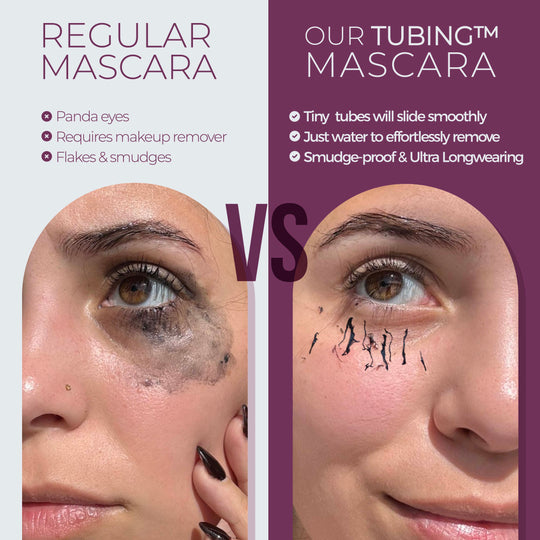 Comparison showing effects of regular mascara causing smudging under the eye versus UltraVolume Tubing Mascara - Black | Blinc with tiny tubes that slide smoothly, are smudge-proof, and easily removed with water.