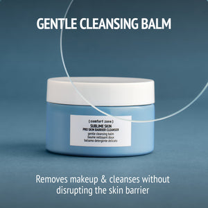 Sublime Skin Pro Skin Barrier Cleanser | [ comfort zone ] in a blue jar with white lid, gentle cleansing balm that removes makeup and cleanses without disrupting the skin barrier.
