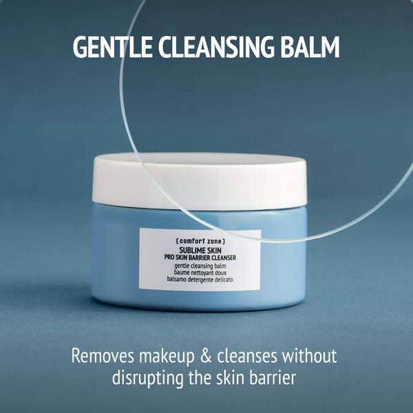 Sublime Skin Pro Skin Barrier Cleanser | [ comfort zone ] in a blue jar with white lid, gentle cleansing balm that removes makeup and cleanses without disrupting the skin barrier.