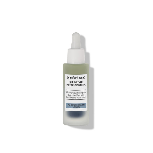 Sublime Skin Precious Glow Drops | [ comfort zone ] in a frosted glass bottle with a dropper, designed for skincare to enhance radiance and elasticity.