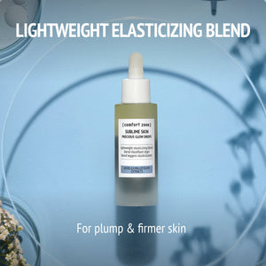 Bottle of Sublime Skin Precious Glow Drops | [ comfort zone ] skincare product on a blue background with text highlighting its lightweight elasticizing blend for plump and firmer skin.