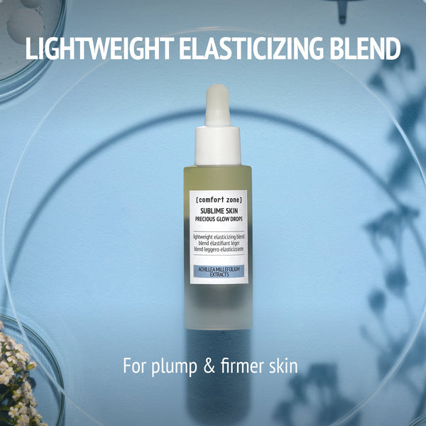 Bottle of Sublime Skin Precious Glow Drops | [ comfort zone ] skincare product on a blue background with text highlighting its lightweight elasticizing blend for plump and firmer skin.