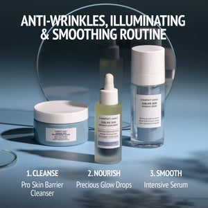 Sublime Skin Precious Glow Drops | [ comfort zone ] bottle with cleanser and serum on blue surface, highlighting anti-wrinkles, illuminating, and smoothing skincare routine