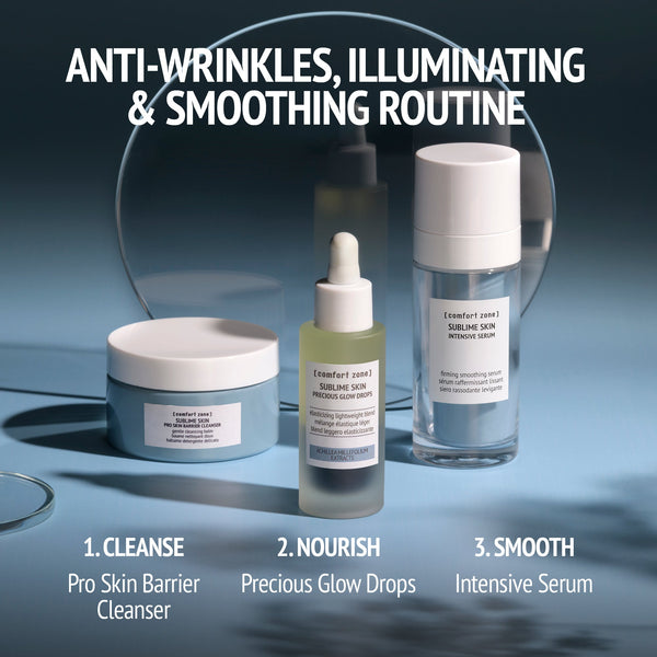 Sublime Skin Precious Glow Drops | [ comfort zone ] bottle with cleanser and serum on blue surface, highlighting anti-wrinkles, illuminating, and smoothing skincare routine