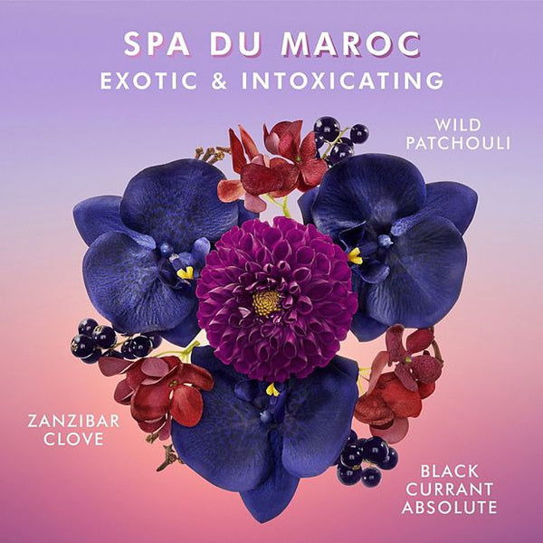 Floral arrangement highlighting exotic scents including wild patchouli, Zanzibar clove, and black currant absolute for Body Lotion | Moroccanoil skincare and wellness.