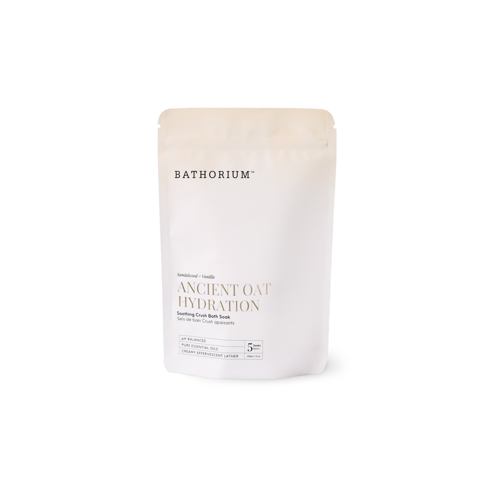 Ancient Oat Hydration Crush 120g/4oz| Bathorium product packages displayed on a tiled surface with Bathorium branding and Ancient Oat Hydration text visible
