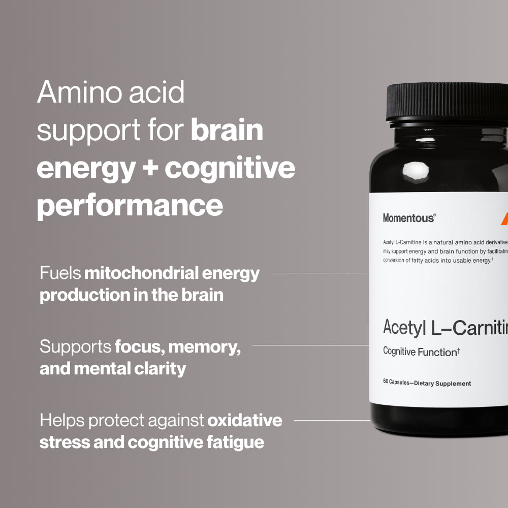 Black bottle of Acetyl L-Carnitine dietary supplement capsules promoting cognitive function and energy support for wellness supplements.