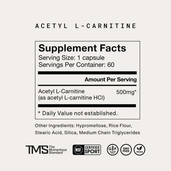 Supplement facts for Acetyl L-Carnitine showing 500mg per capsule, with 60 servings per container, including other ingredients like hypromellose and rice flour, labeled gluten-free, vegan, and GMO-free.