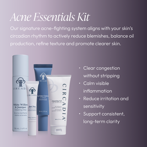 Skincare products from the Acne Regimen Bundle | Circadia displayed with text highlighting benefits like reducing blemishes, balancing oil, soothing inflammation, and promoting clearer skin.