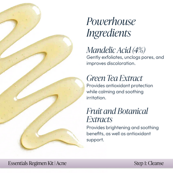 Clear gel texture swirled on white background with text highlighting powerhouse ingredients including Mandelic Acid, Green Tea Extract, and Fruit and Botanical Extracts for Acne Regimen Bundle | Circadia skincare.