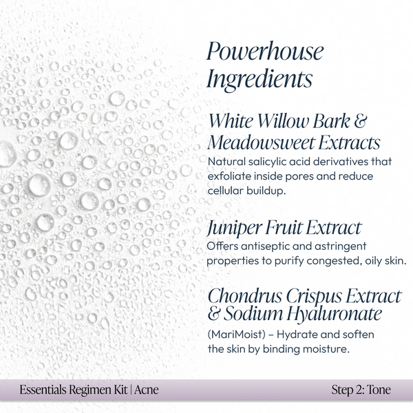 Close-up of water droplets on a white surface alongside text detailing powerhouse ingredients including White Willow Bark, Meadowsweet Extracts, Juniper Fruit Extract, Chondrus Crispus Extract, and Sodium Hyaluronate with moisturizing benefits for oily, congested skin in the Acne Regimen Bundle | Circadia.