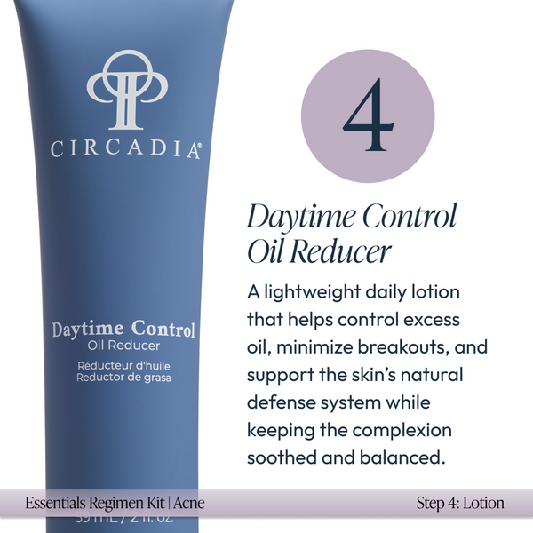 Blue tube of Daytime Control Oil Reducer lotion by Circadia, shown as step 4 in the Acne Regimen Bundle | Circadia, designed to control excess oil and minimize breakouts for balanced skin.