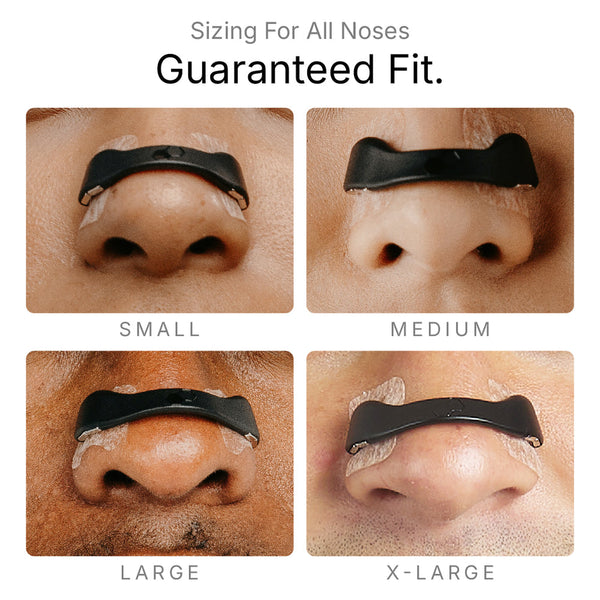 Close-up images of four different nose sizes wearing black Intake Nasal Strip Starter Kit - 15 Pack | Intake Breathing strips, demonstrating a guaranteed fit for small, medium, large, and extra-large noses.