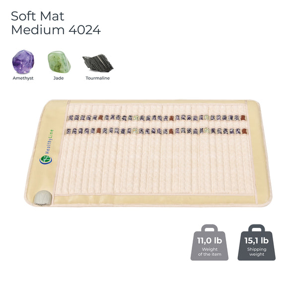 SOFT Mat Medium 4024 InfraMat Pro® featuring embedded amethyst, jade, and tourmaline stones designed for wellness and recovery with weight details included.