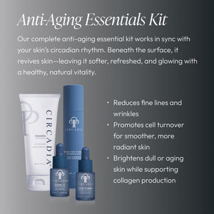Set of skincare products from the Anti-Aging Regimen Bundle | Circadia displayed with benefits including reducing fine lines, promoting cell turnover, and brightening aging skin.
