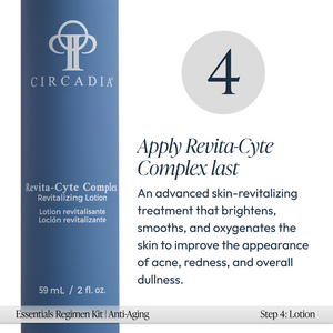 Bottle of Revita-Cyte Complex revitalizing lotion with instructions to apply last for brightening, smoothing, and oxygenating skin to improve acne, redness, and dullness in Anti-Aging Regimen Bundle | Circadia.