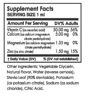Supplement facts label showing vitamins and minerals including Vitamin C, calcium, magnesium, zinc, and other ingredients such as vegetable glycerin and stevia for Electrolytes + Vitamin C Black Cherry - | Pure Inventions.