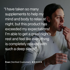 Man holding a glass of water and taking a supplement, accompanied by a testimonial praising Apigenin for helping achieve deep, relaxing sleep and exceeding expectations.